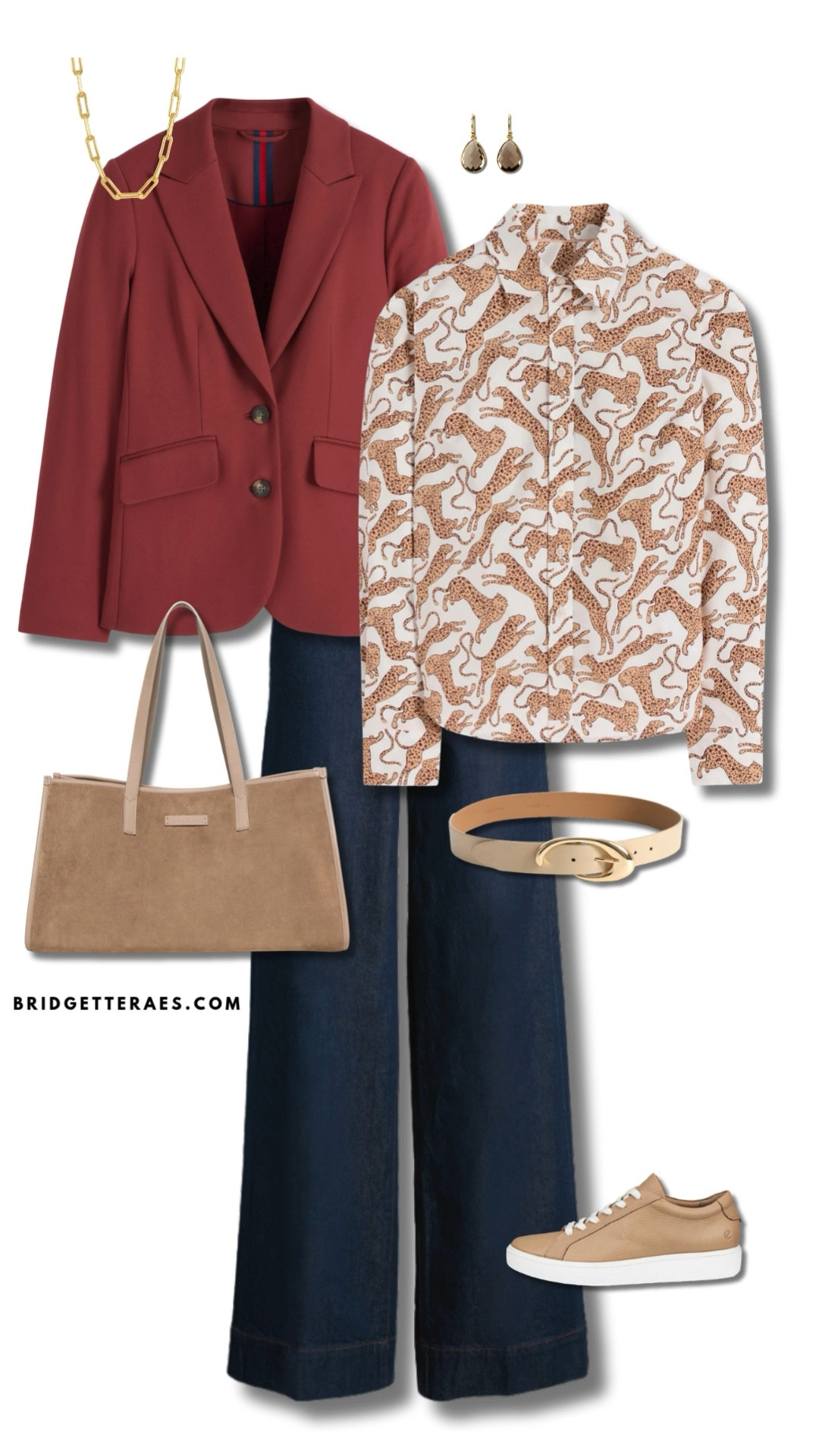 The structured rust blazer introduces polished authority, while the playful cheetah-print blouse infuses personality and approachability. Paired with dark denim wide-leg trousers, this look stays grounded yet modern, perfect for executives who need to move fluidly from team huddles to boardroom presentations. The neutral accessories—beige belt, coordinating suede tote, and sleek sneakers—maintain a cohesive palette, while the gold jewelry adds a touch of refined sophistication. It’s a powerful reminder that you don’t have to trade style for strategy.

#LTKStyleTip #LTKWorkwear #LTKItBag