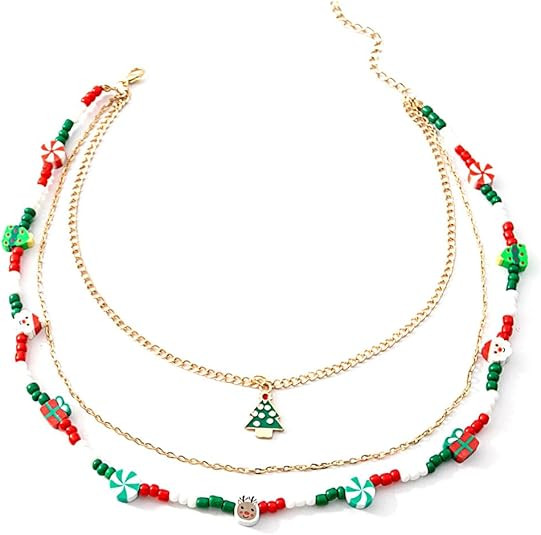 Christmas Necklaces Multi-Layer Beads Necklace Chain Xmas Tree Candy Cane Santa Pendant Necklaces... | Amazon (US)