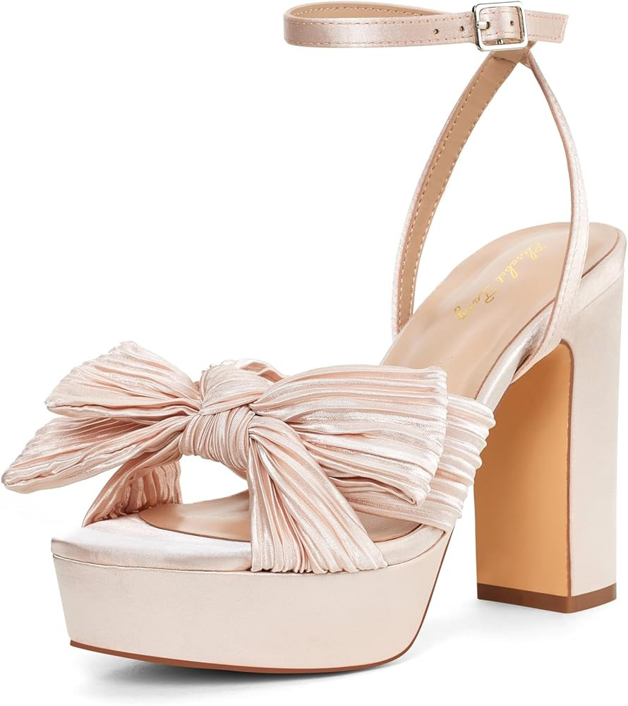 Elisabet Tang Vintage Bow Strappy Platform Chunky Block Heels Satin Bowknot Round Toe Sandals 4 i... | Amazon (US)