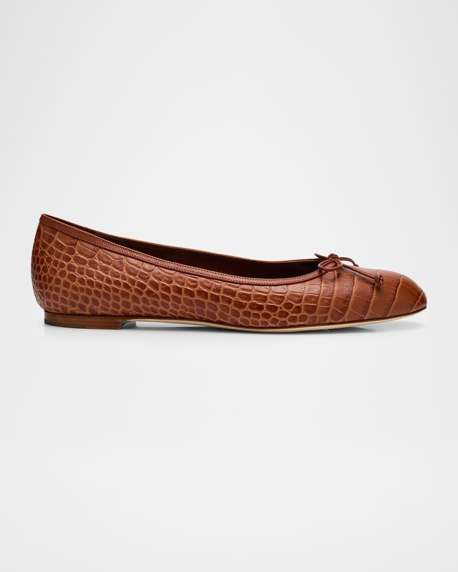 Manolo Blahnik Verallim Croc-Embossed Leather Ballerina Flats | Neiman Marcus