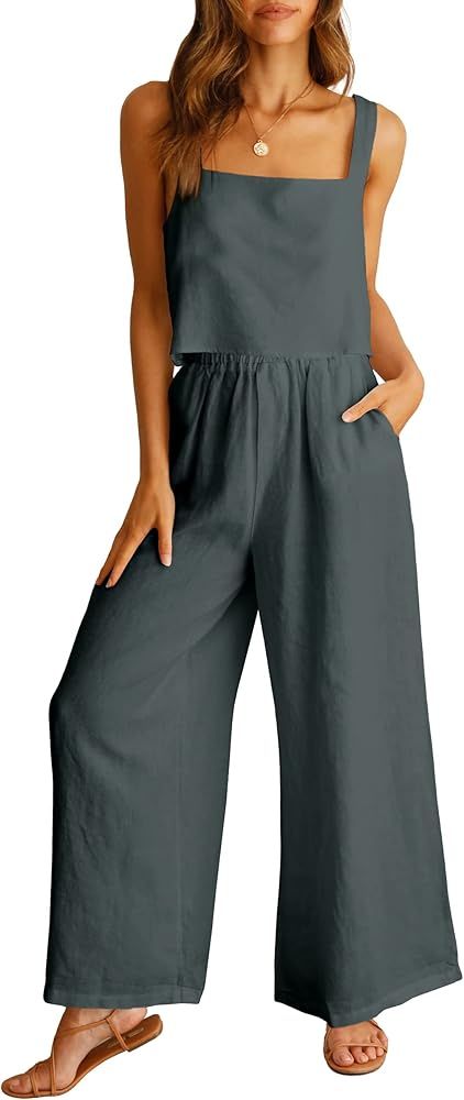 ANRABESS Women's 2 Piece Outfits Square Neck Linen Tank Crop Top Wide Leg Pants Matching Lounge S... | Amazon (US)