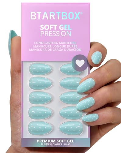 BTArtbox Press On Nails Short - Dotted Overalls, Easy-to-Apply Polka Dot Pastel Blue Almond Press On Nails with Glue and Adhesive Tabs in 16 Sizes - 32 Nails All-in-One Kit | Amazon (US)