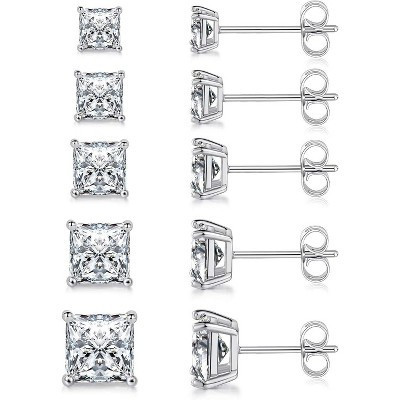 5-Pack Princess Cut CZ Stud Earrings - 18K White/Yellow/Rose Gold Plated Square Cubic Zirconia Earrings | Target