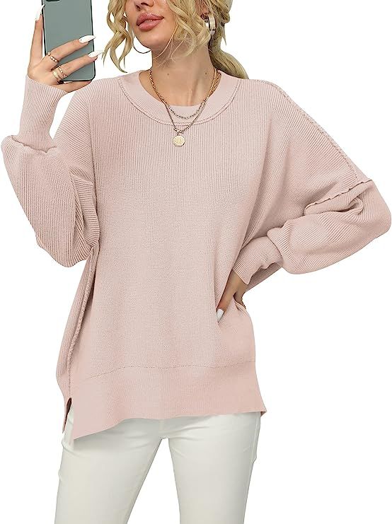 ANRABESS Women's Long Sleeve Oversized Crew Neck Solid Color Side Slit Knit Pullover Sweater Tops... | Amazon (US)