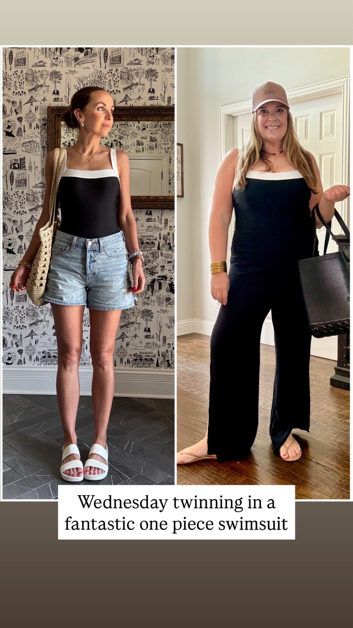 Wednesday twinning - Kristy is in the size large swimsuit and pants, I’m in the size small swimsuit and size 2 shorts. Get your true size of this awesome swimsuit!