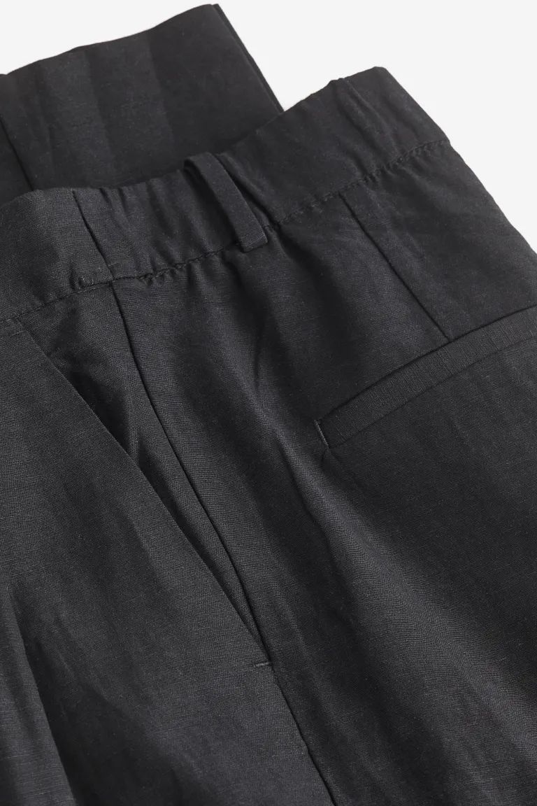 Tapered Linen-blend Pants - High waist - Ankle-length - Navy blue - Ladies | H&M US | H&M (US + CA)