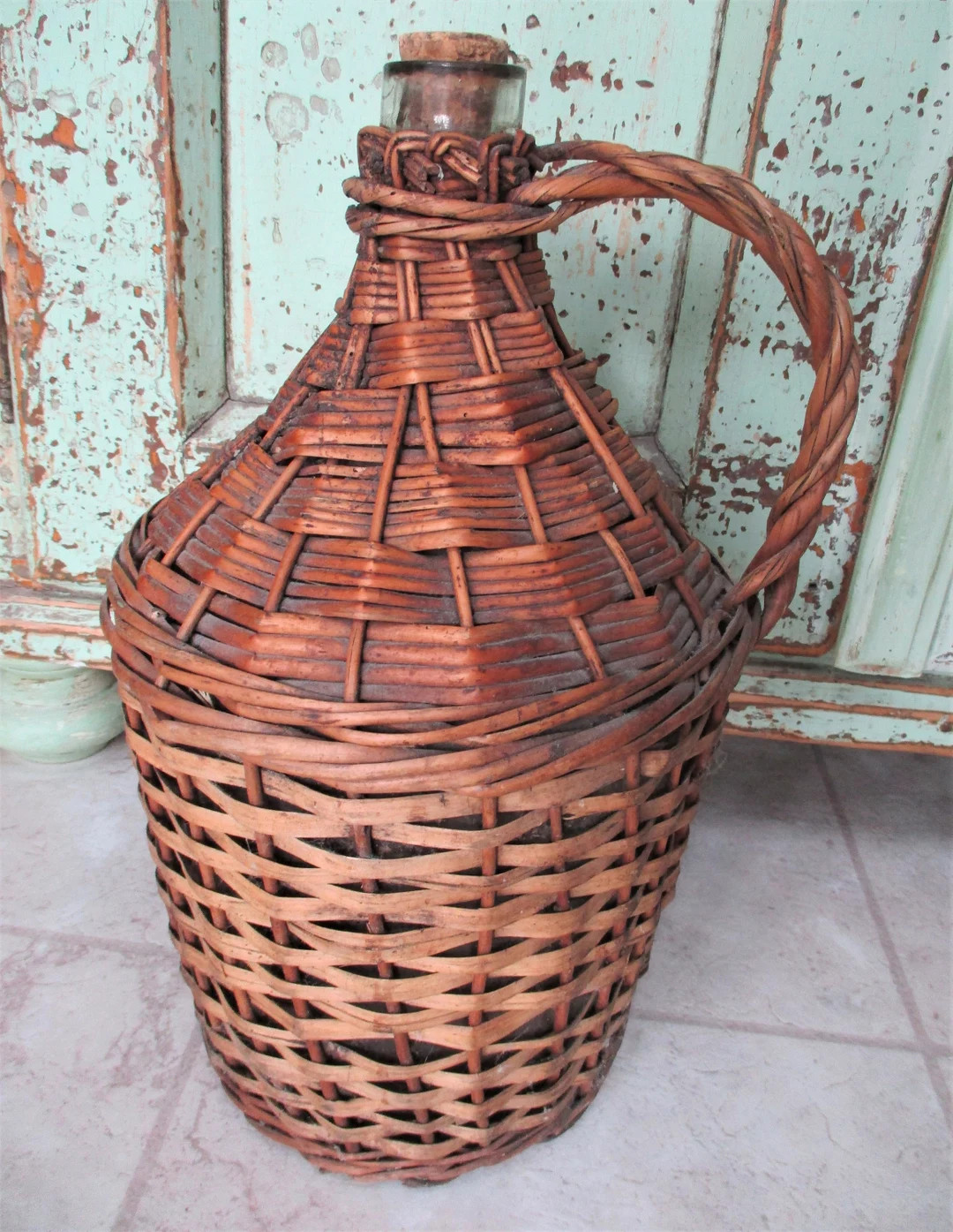 Antique 14" DEMIJOHN GLASS Wine BOTTLE Wicker Woven w/ Handle Jug | Etsy (US)