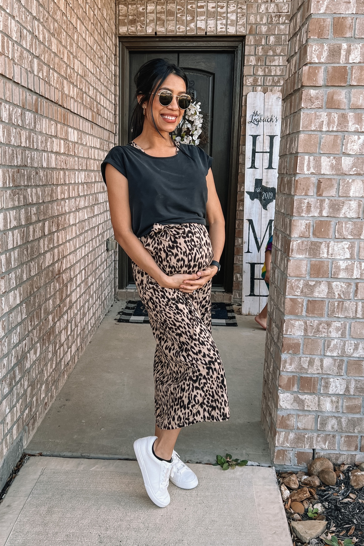 Small Leopard Print Dress/ White Sneakers/ Amazon Shades/ Maternity Clothing/ Petite 

#LTKshoecrush #LTKunder50 #LTKbump