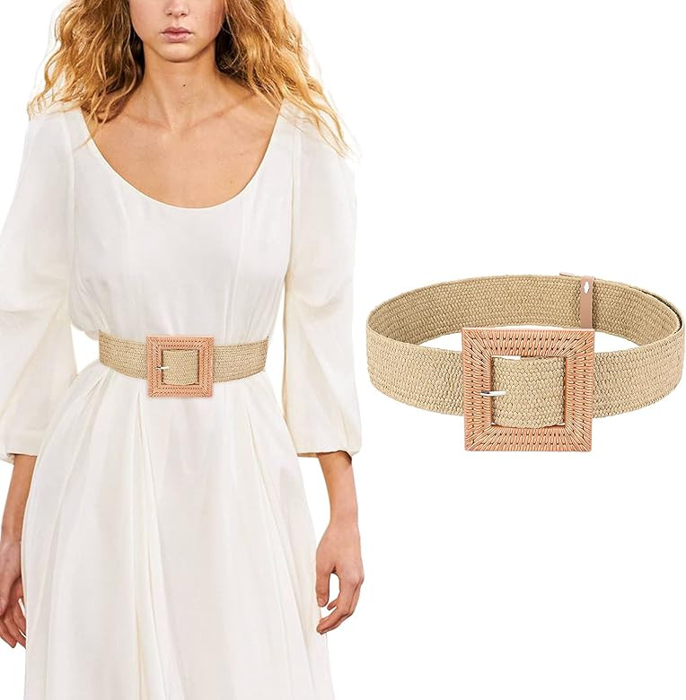 Women’s Belts w Elastic Woven Straw | Tropical Wide Woven Stretch Waist Belt | Amazon (US)