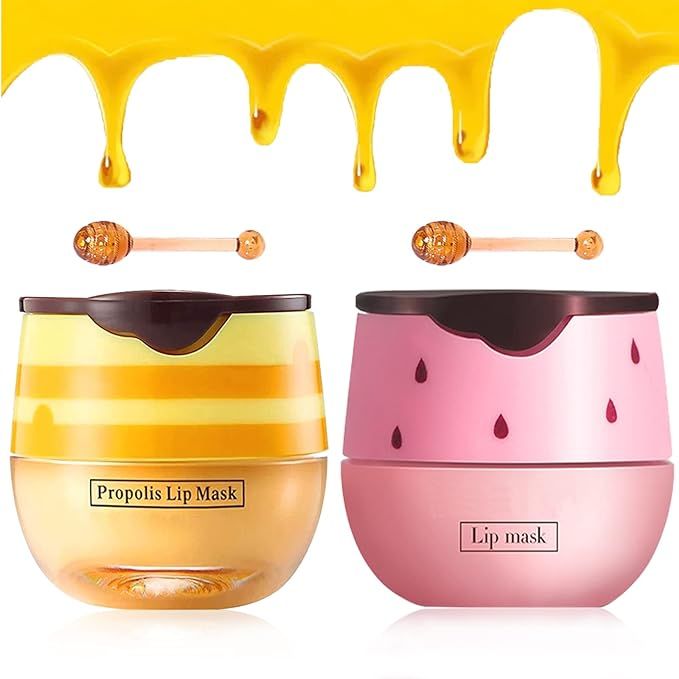 2 PCS Bee Lip Balm Lip Mask Honey Pot, Honey & Strawberry Lip Mask Propolis Moisturizing Lip Balm... | Amazon (US)