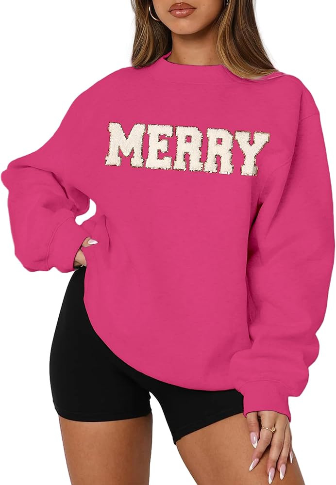 MAPICK Merry Sweatshirt for Women Christmas Fleece Linend Sequin Sweaters Crewneck Oversized Long... | Amazon (US)