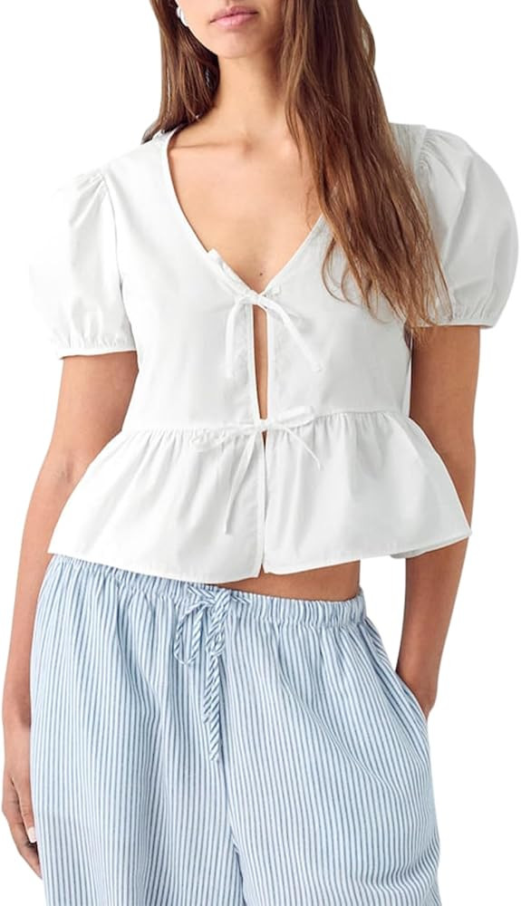 Women Bow Tie Front Shirt Top Puff Short Sleeve Ruffle Blouse Cute Y2k Lace Up Summer Tops Going ... | Amazon (US)