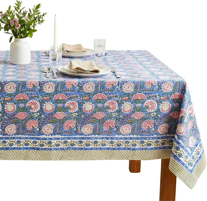Clover Pink 100% Cotton Fall Tablecloth, Handblock Print Rectangle Table Cover for Kitchen Dining... | Amazon (US)