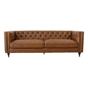 Mellen Mid Century Modern Tufted Back Leather Upholstered Sofa in Tan | Homesquare