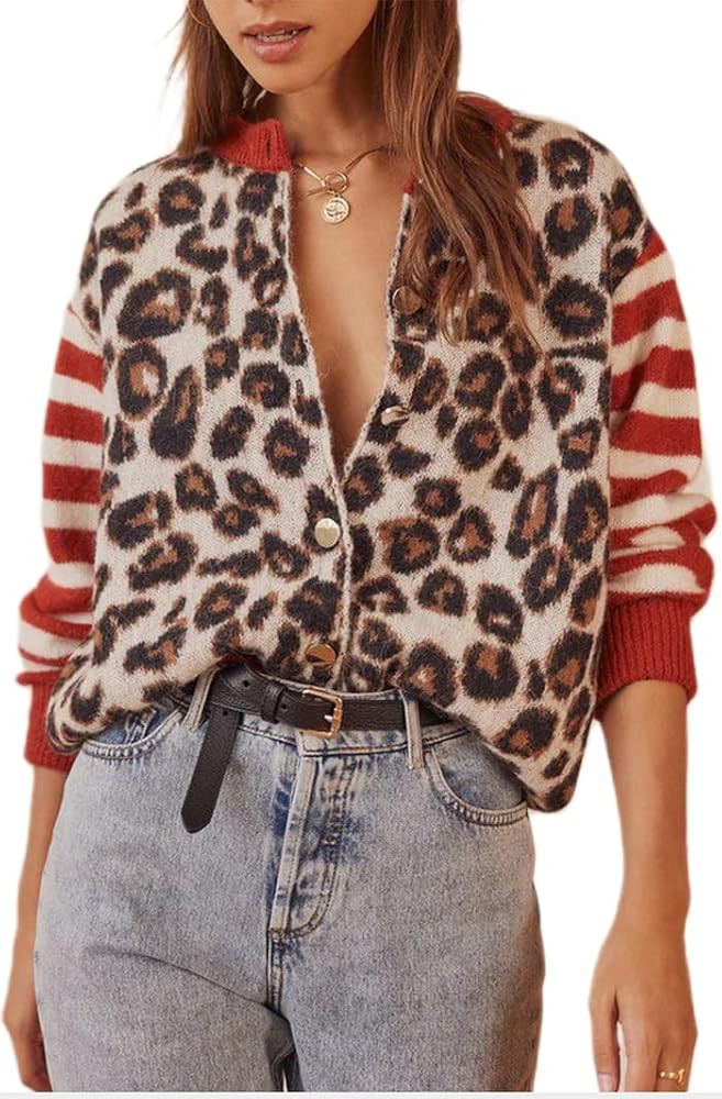 Women Open Front Leopard Cardigan Cheetah Print Knit Tops Oversized Button Down Crew Neck Sweater... | Amazon (US)