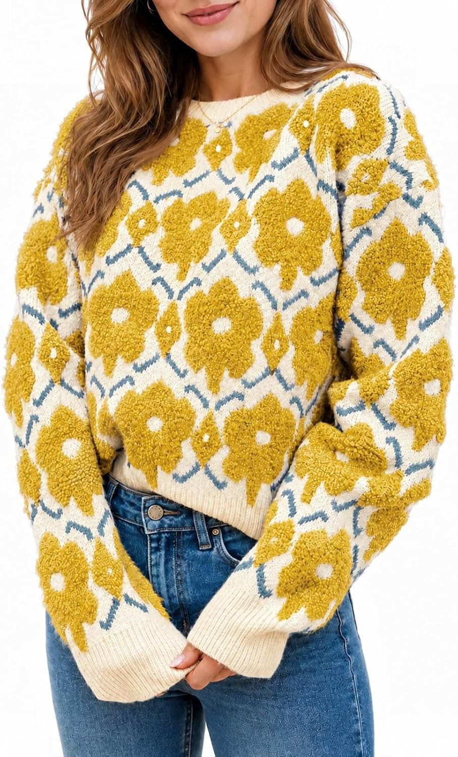 Saodimallsu Womens Floral Sweater Crewneck Long Sleeve Oversized Knit Casual Cute Fall Winter Pullover Sweaters | Amazon (US)