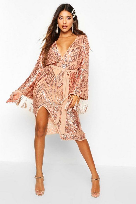 Sequin and Tassel Kimono Sleeve Midi Dress | Boohoo.com (US & CA)