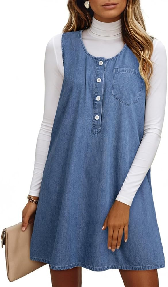 Dokotoo Womens Sleeveless Crewneck Lightweight Summer Casual Cotton Denim Dress Loose Fit Button ... | Amazon (US)