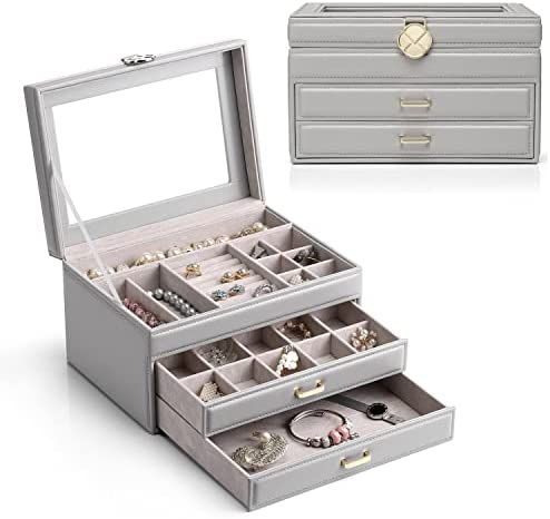 SONGMICS Jewelry Box with Glass Lid, 3-Layer Jewelry Organizer, 2 Drawers, Jewelry Storage, Lots ... | Amazon (US)