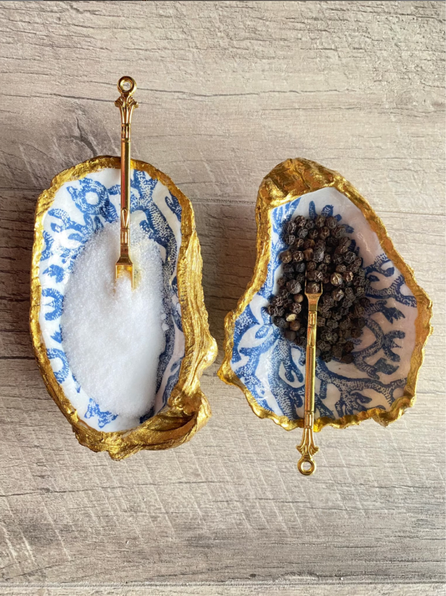 Chinoiserie Oyster shell salt and pepper holder for under $50