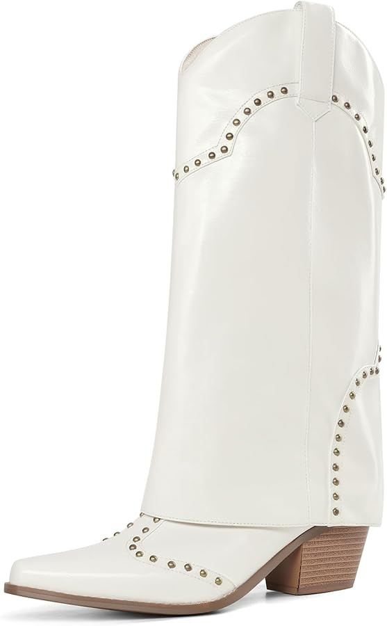 Women Cowboy for Women Cowgirl Knee High Western Fashion Shark Boots Fold Over Studded Chunky Hee... | Amazon (US)