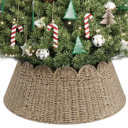ELYKEN Rattan Christmas Tree Collar, 28 Inch Wicker Xmas Tree Collar with Scalloped Edge for Artificial Trees, Rustic Tree Ring Woven Tree Skirt, Handcrafted Farmhouse Christmas Tree Decor | Amazon (US)