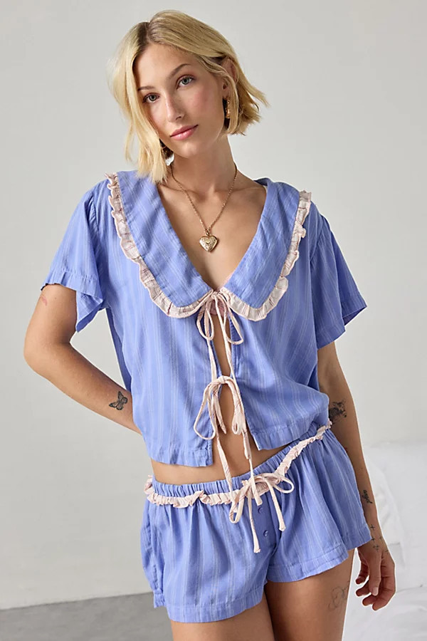 Out From Under Sweet Dreams Tie-Front Top + Micro Short PJ Set in Blue, Women's at Urban Outfitters | Urban Outfitters (US and RoW)