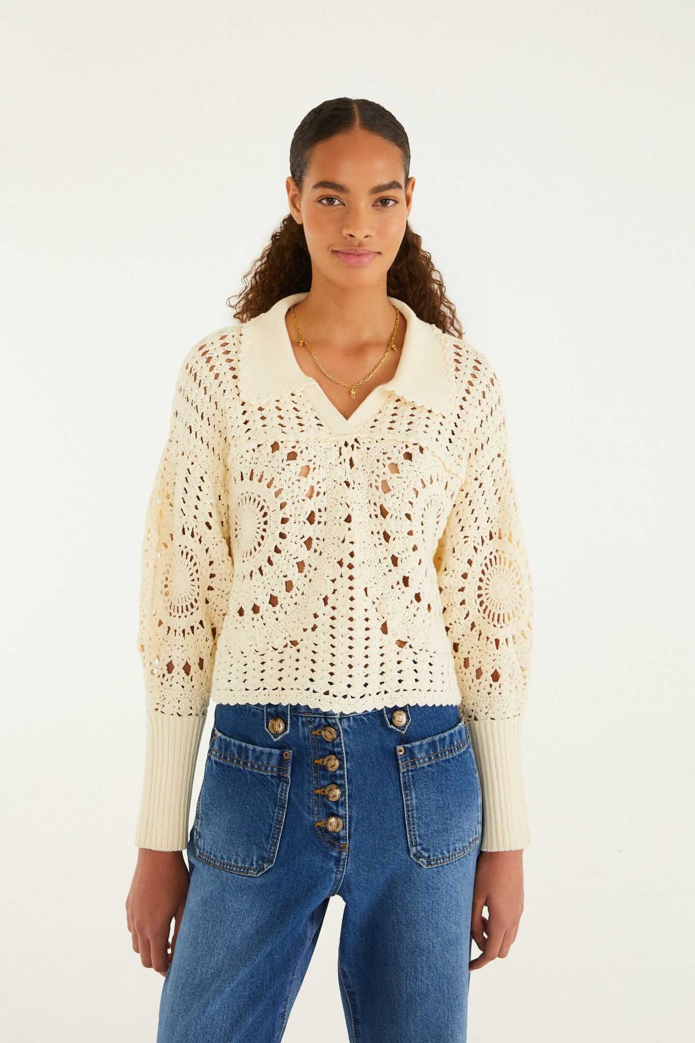 Off-White Polo Crochet Sweater | FARM Rio | FarmRio (US)