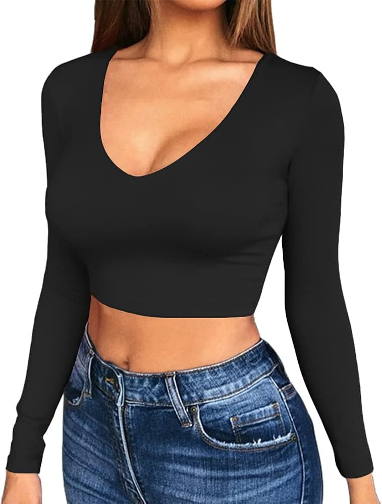 Artfish Women Long Sleeve Stretchy Crop Top Sexy Slim Fitted Fleece Lined Cropped Shirts | Amazon (US)