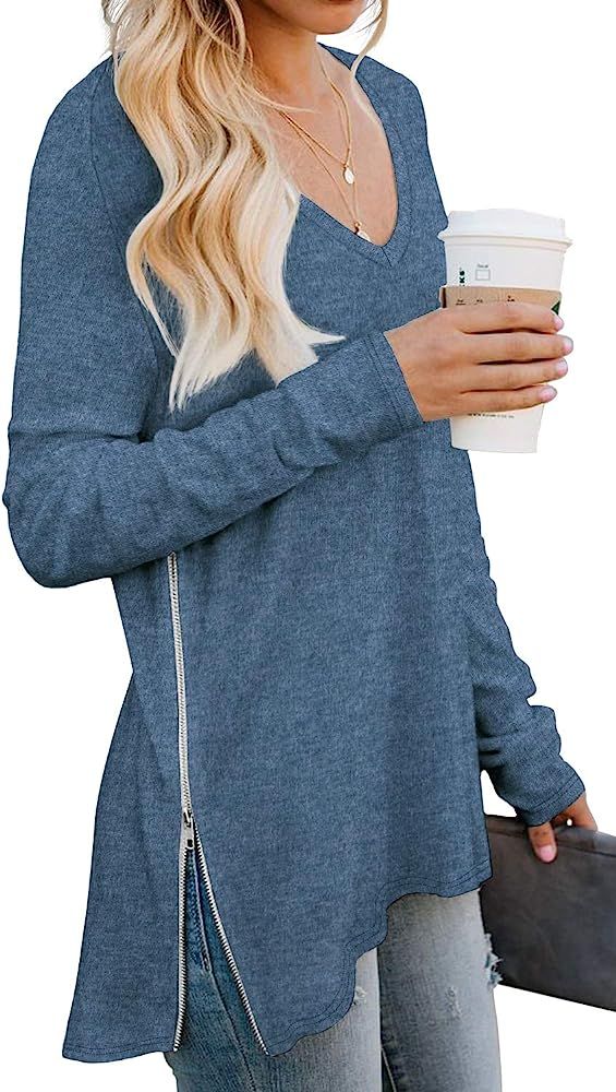 PrinStory Women's Causal V-Neck Soft Raglan Long Sleeves Sweatshirts Tops Basic T-Shirt Split Blo... | Amazon (US)