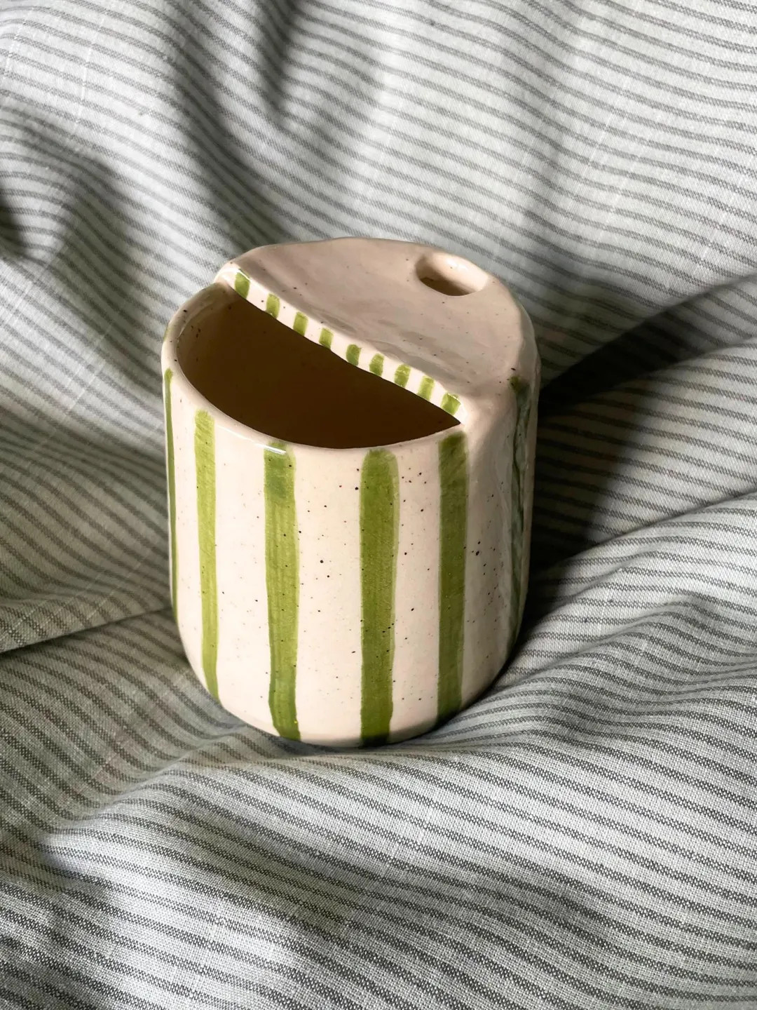 Handmade Ceramic Travel Tumbler: Olive Green Striped Pottery Mug - Etsy | Etsy (US)