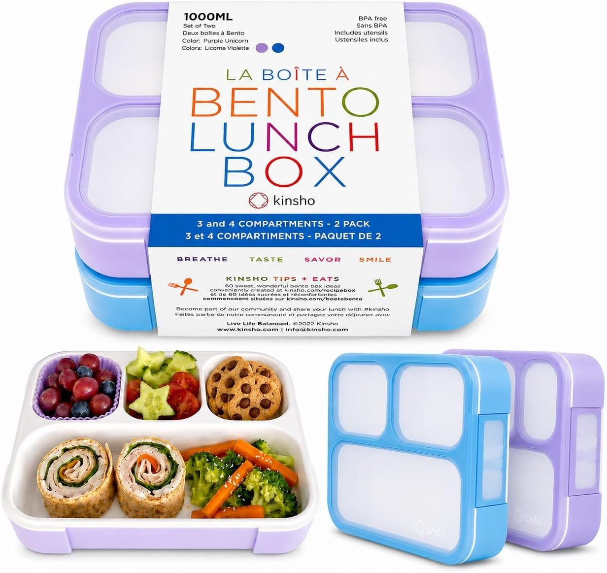Bento Lunch Box for Kids or Adults, Snack Containers for Boys, Girls, School Daycare Work, 3 & 4 Divided Compartments Meal Planning Portion Control, BPA-Free Boxes, Utensils | Blue Purple 2 Pack | Amazon (US)