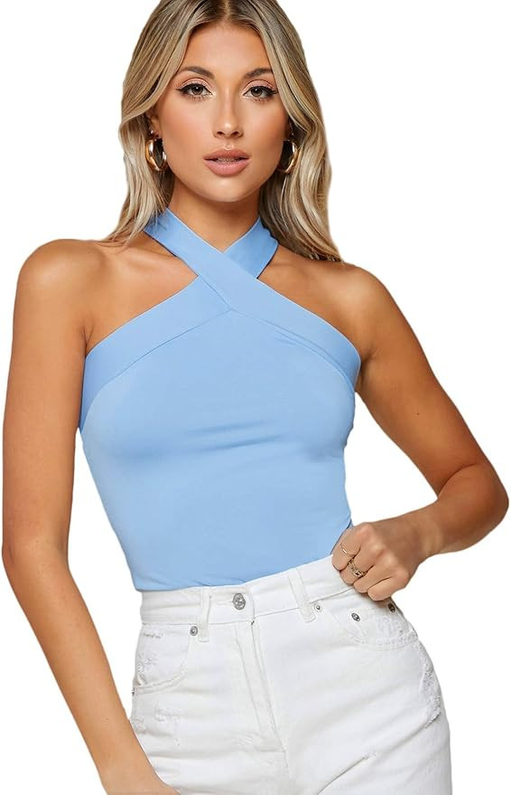 Floerns Women's Solid Criss Cross Halter Top Sleeveless Tee Shirt | Amazon (US)
