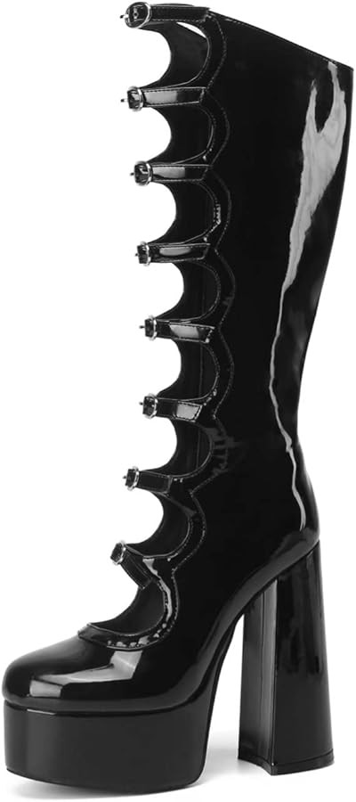 Frankie Hsu Gothic Lolita Women's Large Size Buckle Strap Black Patent Leather Platform Chunky Bl... | Amazon (US)
