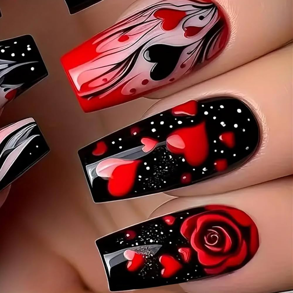 Valentines Press on Nails Medium Coffin Fake Nails Black False Nails with Red Heart Rose Designs ... | Amazon (US)