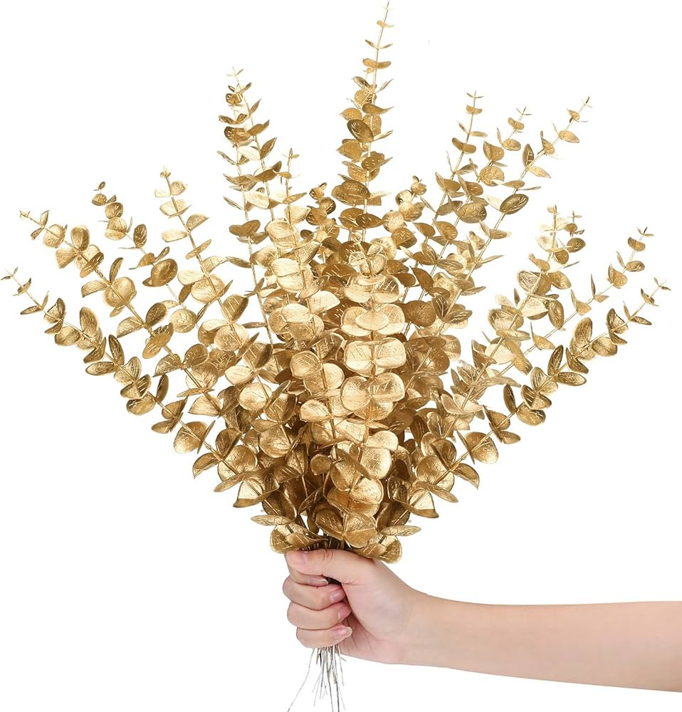 12 Pieces Gold Artificial Eucalyptus Stems Faux Eucalyptus Spray Fake Leaves Decor Fall Faux Flor... | Amazon (US)