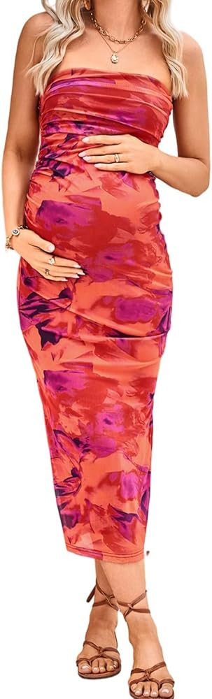 Milumia Women's Maternity Floral Mesh Split Strapless Tube Dress Bodycon Maxi Dresses Baby Shower... | Amazon (US)