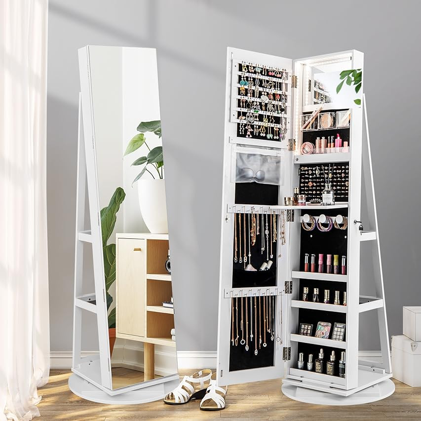 LVSOMT 360° Swivel Jewelry Cabinet with Full Length Mirror, 63" Large Capacity Jewelry Organizer Arm | Amazon (US)