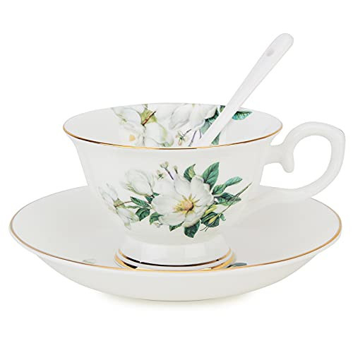 Kitchenexus Porcelain Tea Cup and Saucer Vintage Ceramic Tea Cup with Gold Trim Elegant Floral Tea Cup and Saucer with Matching Spoon British Tea Cup Coffee Cup Set (8.11oz/230ml) | Amazon (US)