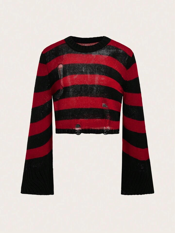 SHEIN Coolane Halloween Striped Pattern Ripped Bell Sleeve Distressed Sweater | SHEIN