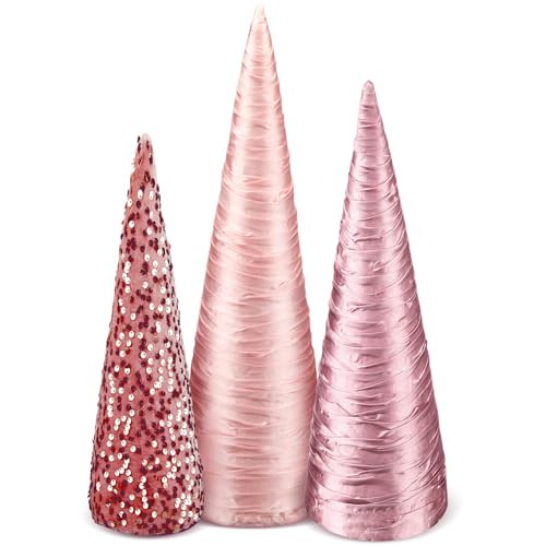 3 Pcs 14" 12" 10" Pink Christmas Cone Tree Decoration Velvet Pink Christmas Tree Cones Sequin Glitter Xmas Table Decor Farmhouse Xmas Ornament Tabletop Centerpiece for Holiday Winter Home Decor | Amazon (US)