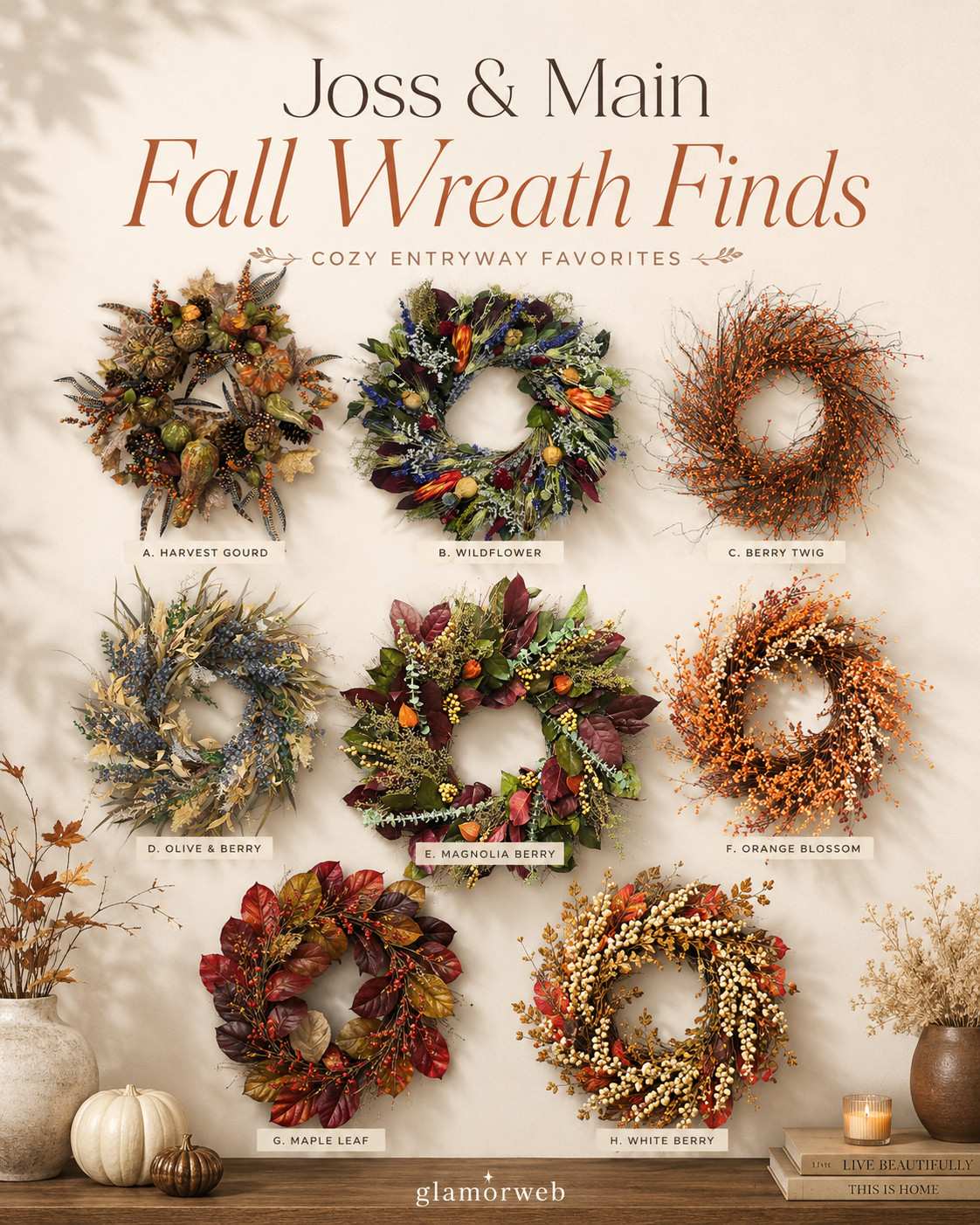 Cozy fall front door season is officially here 🍂 These Joss & Main fall wreath finds are SO pretty for giving your entryway that warm, elevated autumn look. Loving all the rich burgundy leaves, orange berries, wildflowers, magnolia details, pumpkins, twigs, and soft neutral tones. Such an easy way to make a porch, front door, entryway, or living space feel instantly fall-ready without going overboard. 🤎🍁

#JossAndMain #FallWreath #FallWreaths #FallDecor #FallHomeDecor #AutumnDecor #AutumnWreath #FrontDoorDecor #FallFrontDoor #FallEntryway #EntrywayDecor #FallPorchDecor #PorchDecor #FallPorch #CozyFallHome #FallHome #FallDecorIdeas #FallDecorInspo #AutumnHome #AutumnDecorIdeas #ThanksgivingDecor #ThanksgivingWreath #HarvestDecor #HarvestWreath #PumpkinDecor #BerryWreath #MagnoliaWreath #FloralWreath #RusticFallDecor #NeutralFallDecor #CozyHomeDecor #SeasonalDecor #FrontPorchIdeas #FallFrontPorch #HomeDecorFinds #FallHomeFinds #LTKHome #LTKHomeDecor #LTKFall #LTKFinds #Glamorweb 

 #LTKSeasonal #LTKHome #LTKSaleAlert