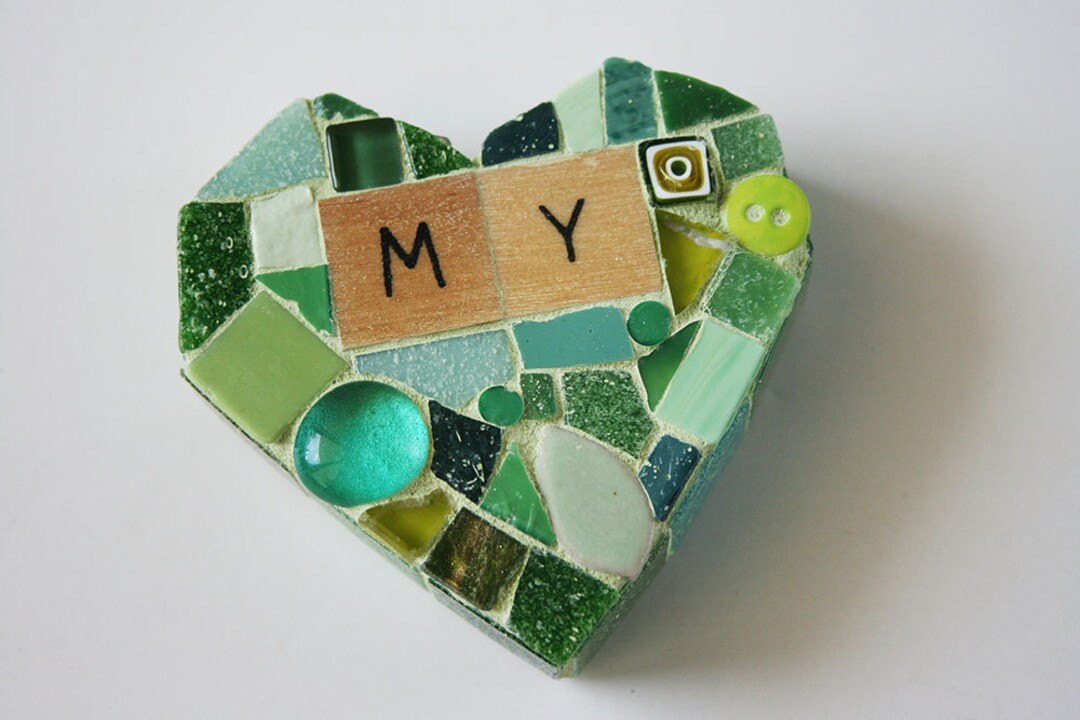 Green Mosaic Heart Paperweight Small Mixed Media My Mine xo Love Valentines Day Bride Wife Staine... | Etsy (US)