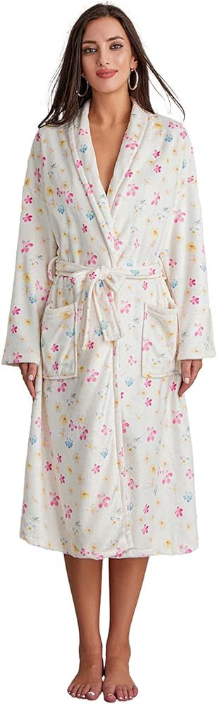 Women Y2k Fruit Plush Robe Floral Print Shawl Collar Open Front Bathrobe with Belt Spa Kimono Nig... | Amazon (US)