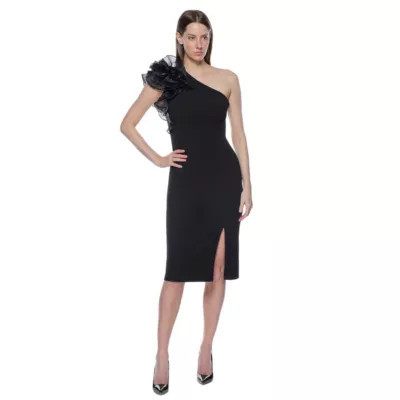 Marina Women's Ruffle 1 Shoulder Short Dress, Black, 14 | Belk