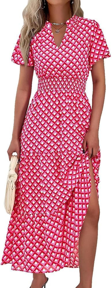 MASCOMODA Summer Maxi Dress for Women 2024 Casual V Neck Puff Short Sleeve Smocked Ruffle Flowy B... | Amazon (US)