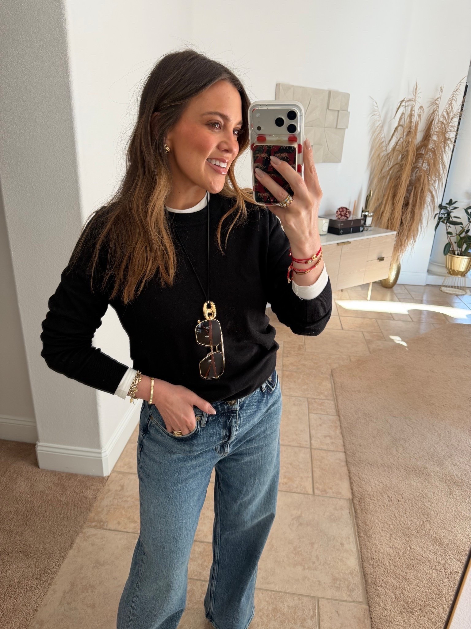 today’s outfit!!sized up to large in the sweater for slouchier fit  

my favorite 2026 trend is the sunglasses necklace holder. absolutely obsessed  

(FB)

#LTKootd #LTKmomlife #LTKdayinmylife