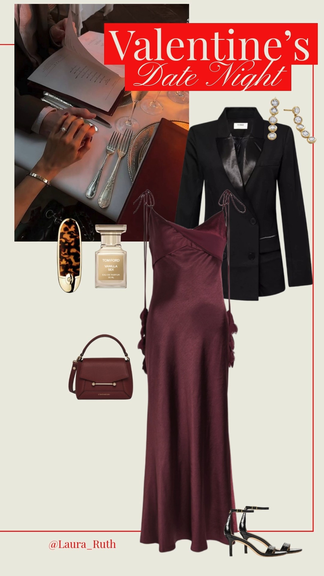 A dinner date calls for timeless romance. ♥️
A fluid burgundy slip dress layered with a tailored black blazer, finished with delicate gold earrings, an elegant top-handle bag, strappy heels, and a warm, sensual fragrance for an unforgettable Valentine’s evening.

#LTKdatenight #LTKluxury #LTKuk