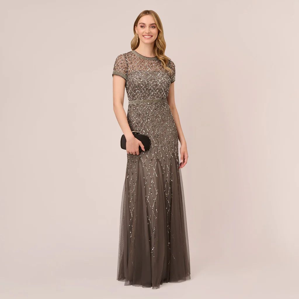 Cap Sleeve Beaded Gown In Lead | Adrianna Papell