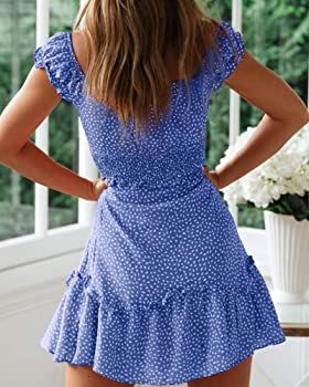 Valphsio Womens Smocked Dress Ruffle Floral Tie Front Boho Short Dresses | Amazon (US)